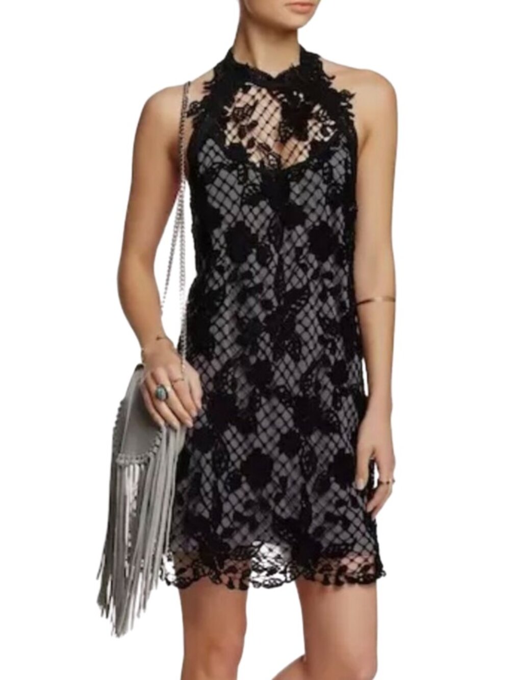 Free People Black Crochet Lace Mini Dress Size Small Sheer Boho Festival Dress